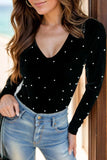 Pearl Detail V-Neck Long Sleeve Bodysuit - Trendsi - Flyclothing LLC