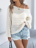 Openwork Boat Neck Long Sleeve Knit Cover Up - Trendsi