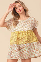 BiBi Flroal Printed Woven Color Block and Tiered Top - Trendsi - Flyclothing LLC