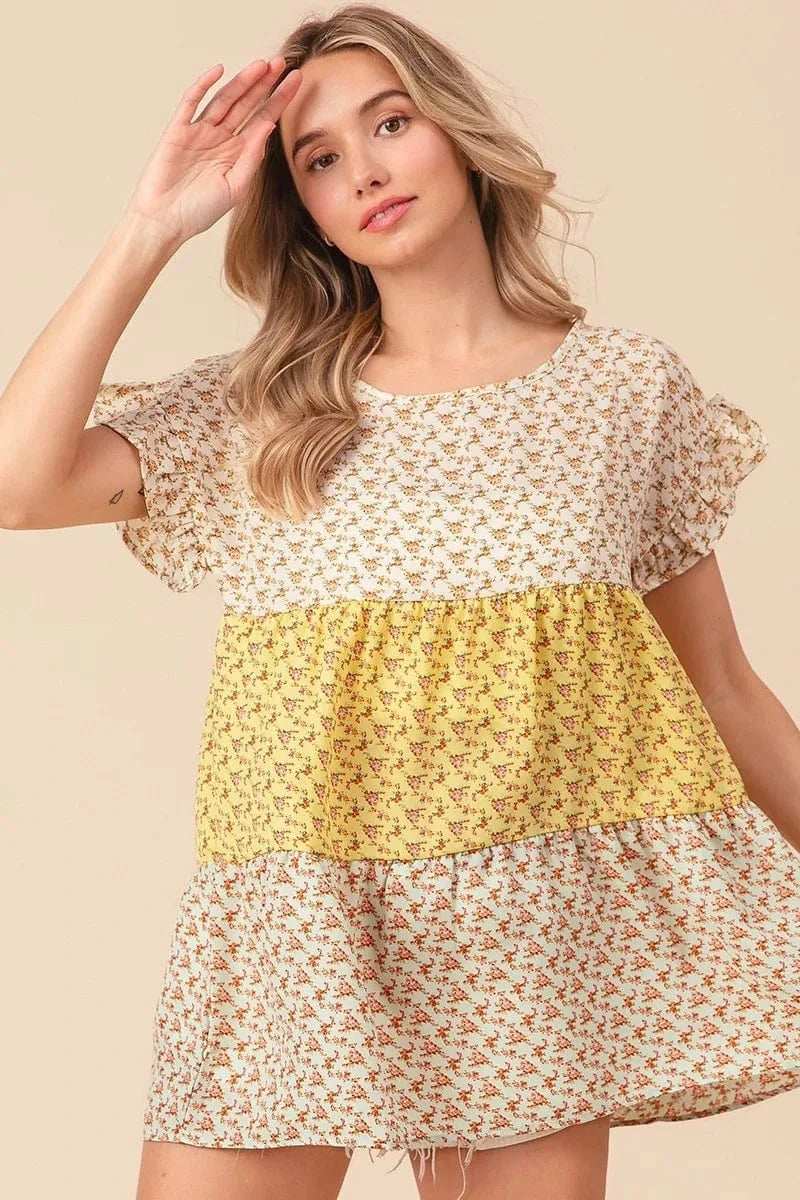 BiBi Flroal Printed Woven Color Block and Tiered Top - Trendsi - Flyclothing LLC