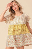BiBi Flroal Printed Woven Color Block and Tiered Top - Trendsi