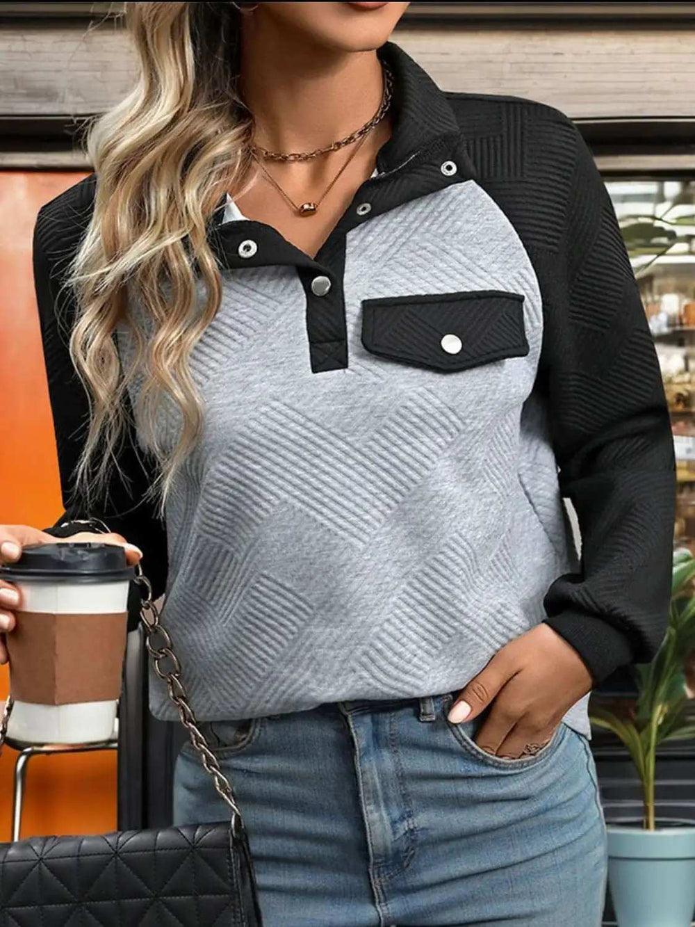 Contrast Textured Long Sleeve Sweatshirt - Trendsi - Flyclothing LLC