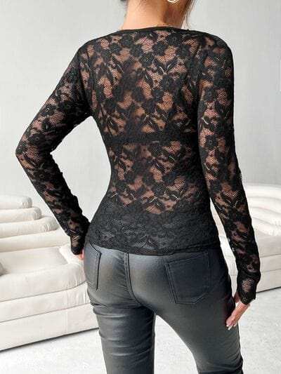 Lace V-Neck Long Sleeve Top - Trendsi - Flyclothing LLC