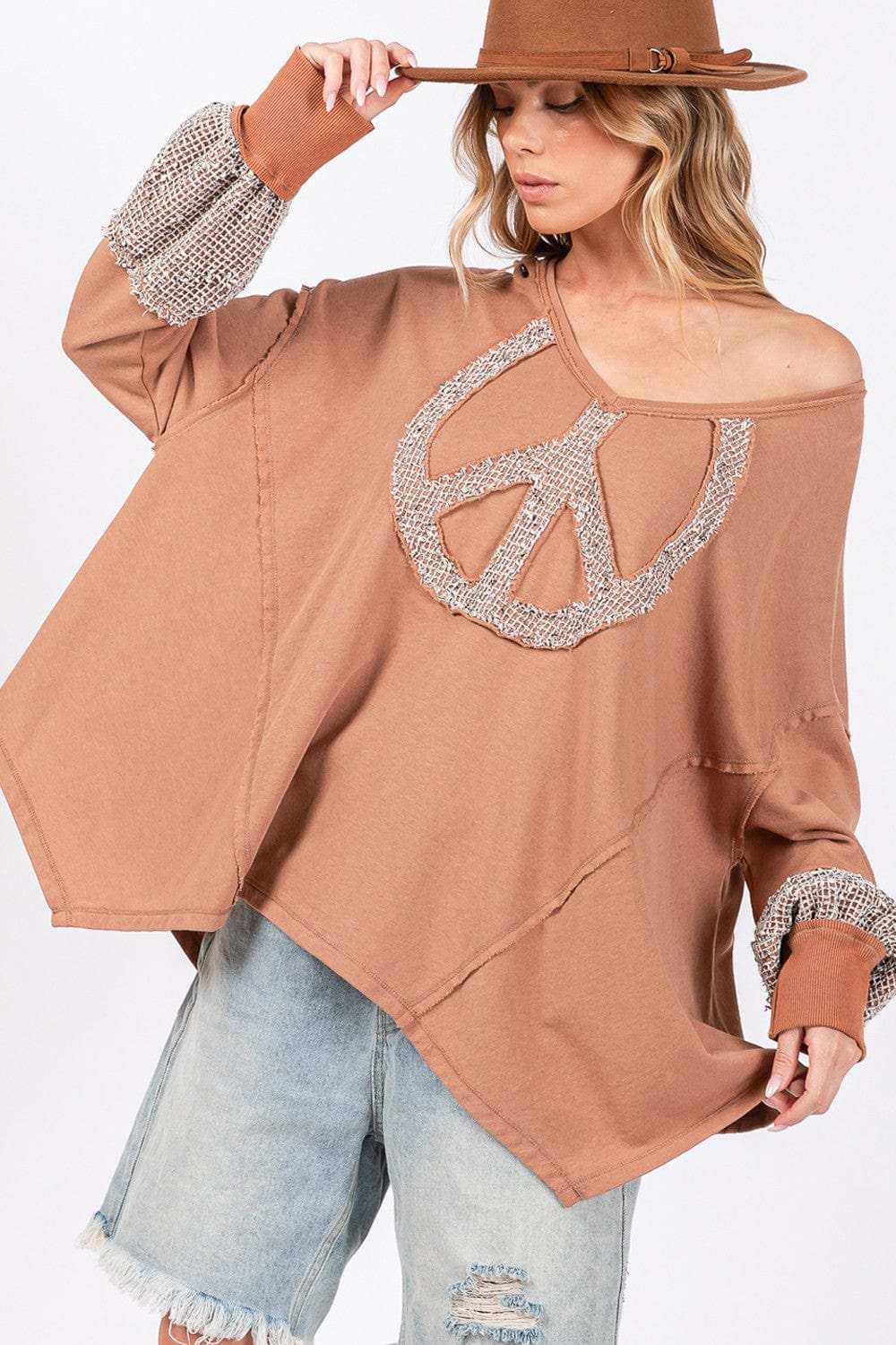 SAGE + FIG Peace Sign Mineral Wash Terry Top - Trendsi - Flyclothing LLC