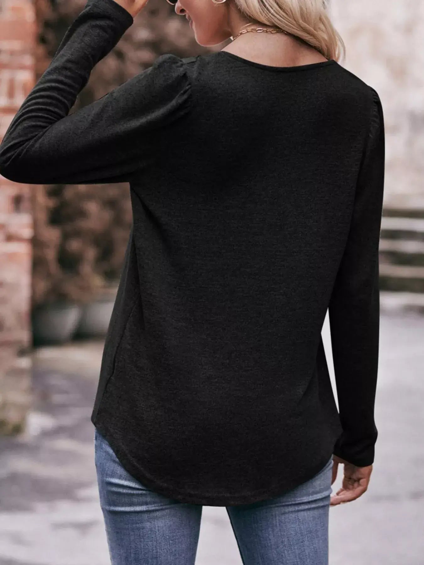 Pleated Square Neck Long Sleeve T-Shirt - Trendsi - Flyclothing LLC