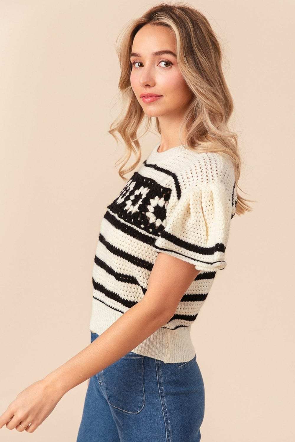 BiBi Granny Square Short Sleeve Striped Sweater - Trendsi - Flyclothing LLC
