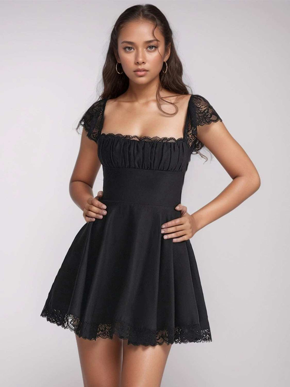 Lace Detail Square Neck Cap Sleeve Mini Dress - Trendsi - Flyclothing LLC
