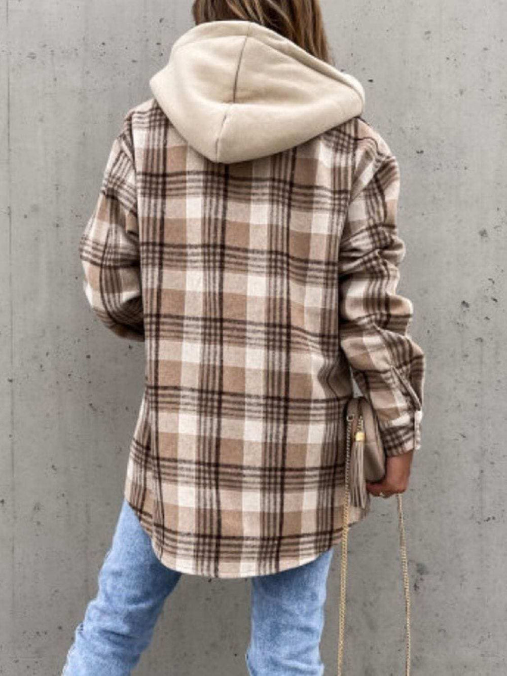 Plaid Button Up Jacket with Removable Hood - Trendsi - Flyclothing LLC