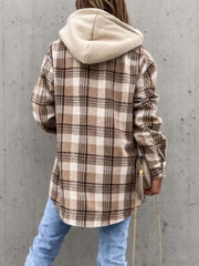 Plaid Button Up Jacket with Removable Hood - Trendsi
