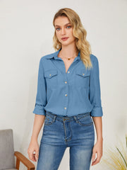 Pocketed Button Up Long Sleeve Denim Shirt - Trendsi