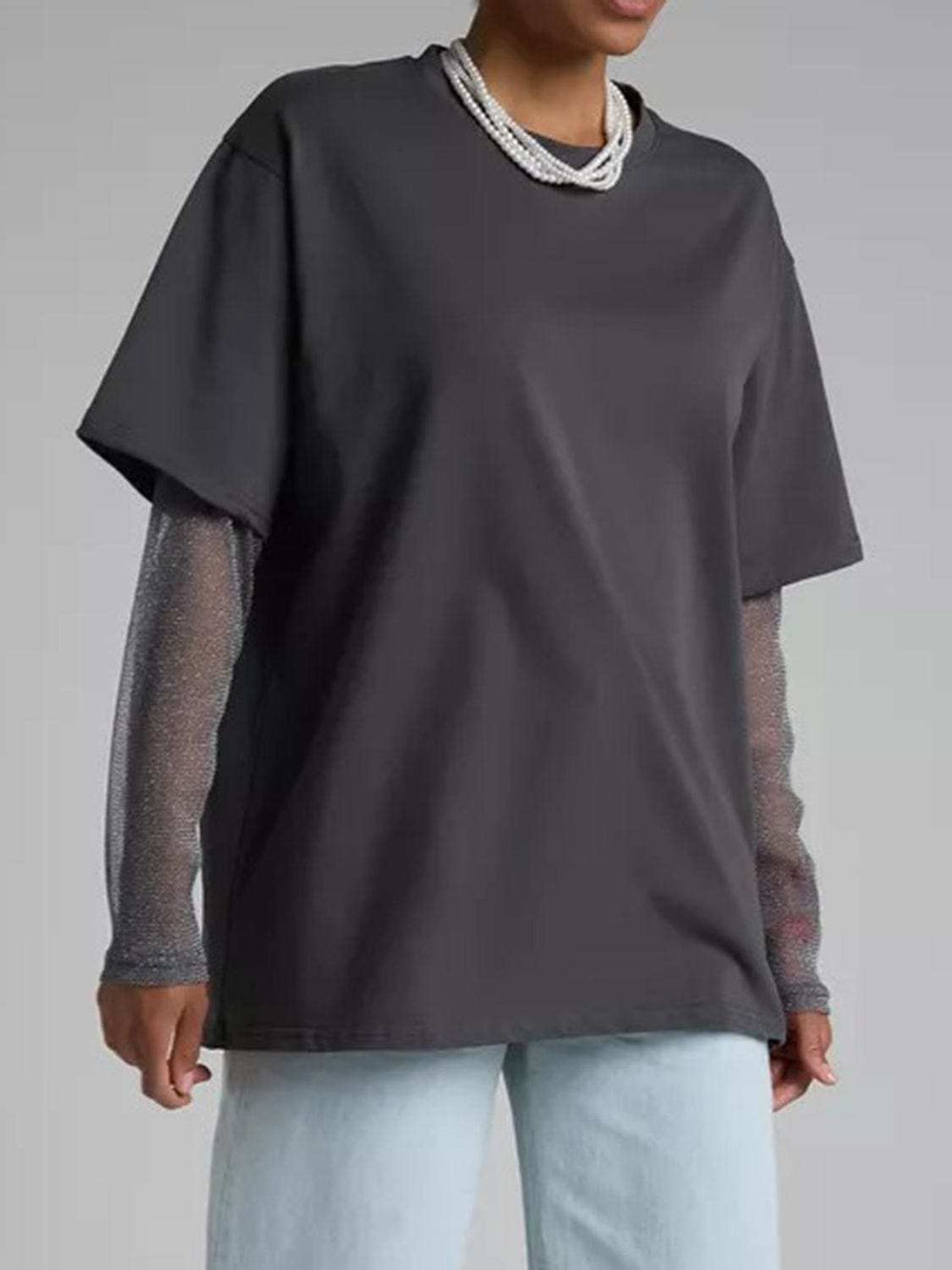 Faux Layered Round Neck Mesh Sleeve Top - Trendsi - Flyclothing LLC
