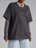 Faux Layered Round Neck Mesh Sleeve Top - Trendsi - Flyclothing LLC