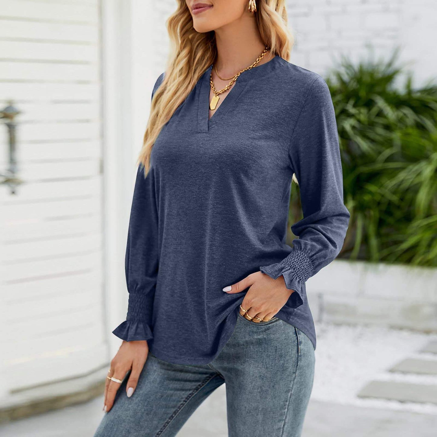 Full Size Notched Long Sleeve T-Shirt - Trendsi - Flyclothing LLC