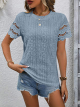 Full Size Eyelet Round Neck Short Sleeve Top - Trendsi - Flyclothing LLC