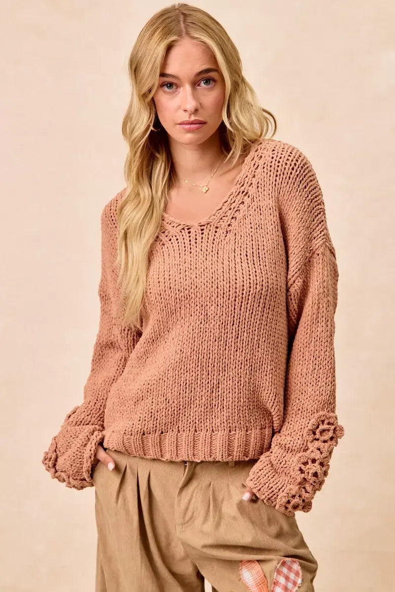 BiBi Chunky Knit Sweater with Flower Detail Sleeves - Trendsi - Flyclothing LLC