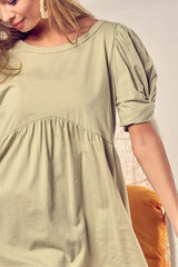 BiBi Cotton Span Knit With Puff Sleeve Baby Doll Top - Trendsi - Flyclothing LLC