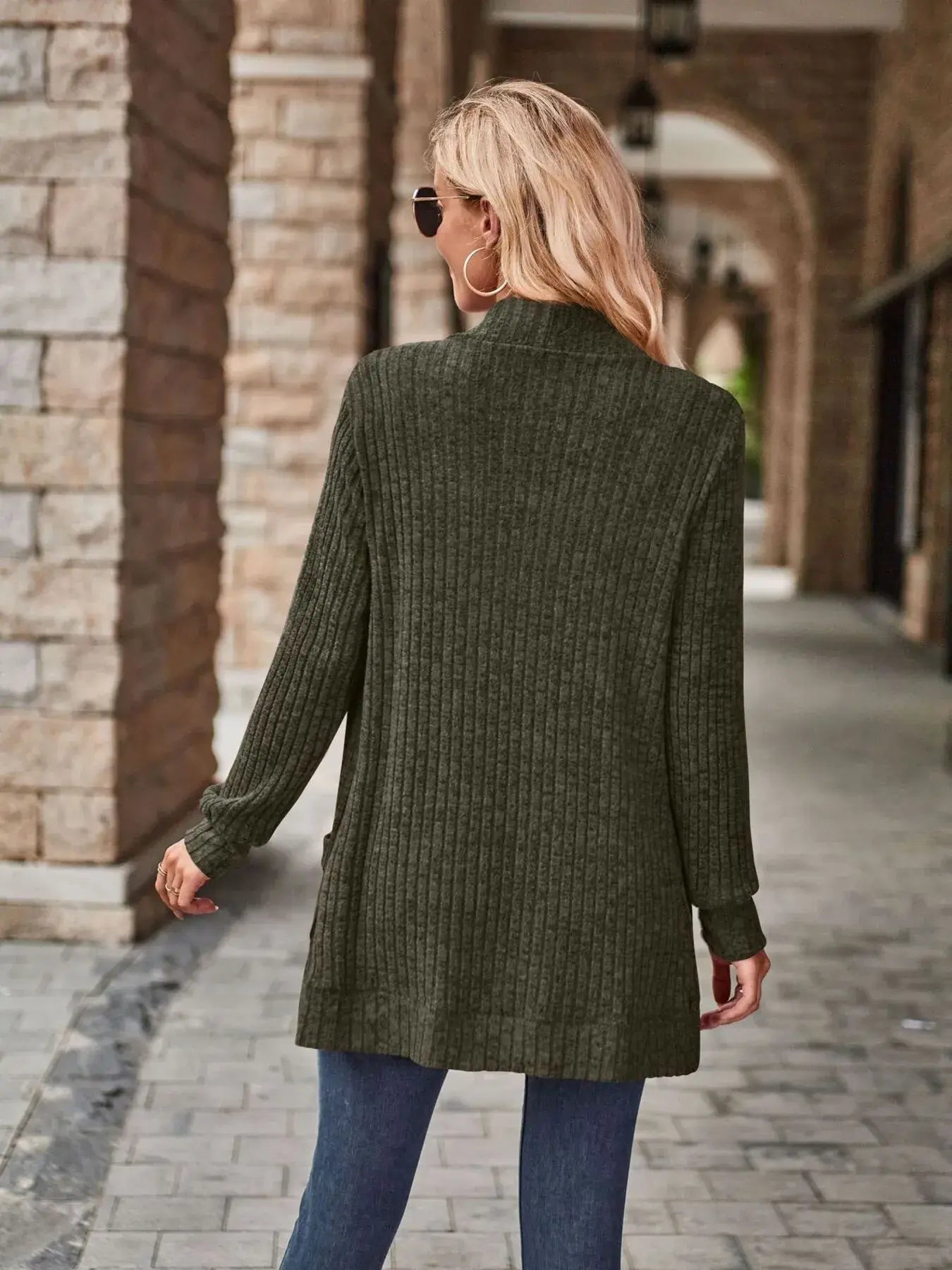 Ribbed Open Front Long Cardigan with Pockets - Trendsi - Flyclothing LLC