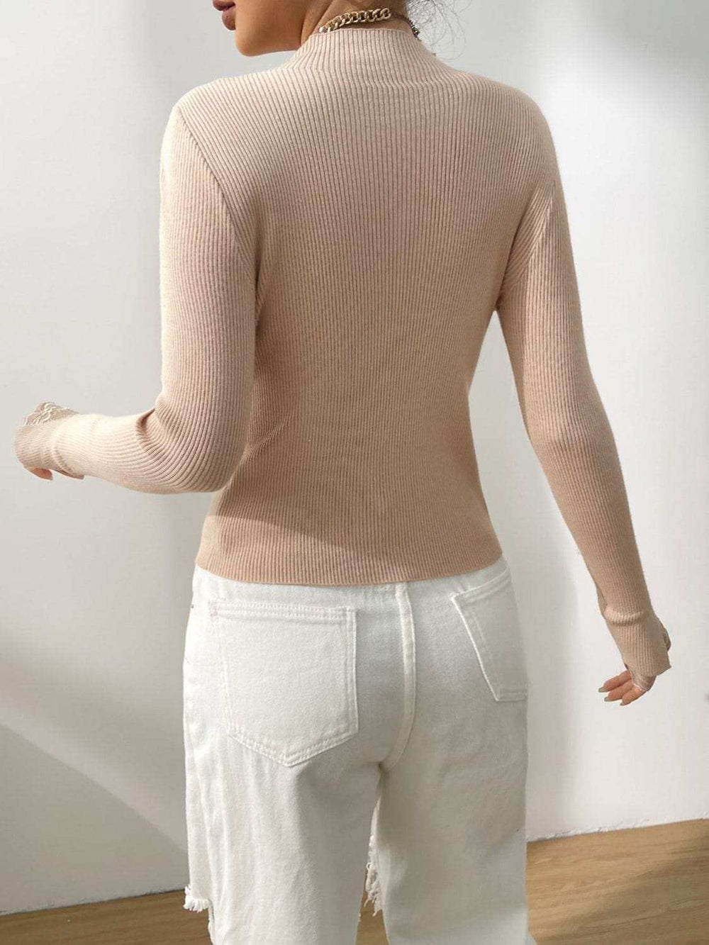 Lace Detail Mock Neck Long Sleeve Sweater - Trendsi - Flyclothing LLC