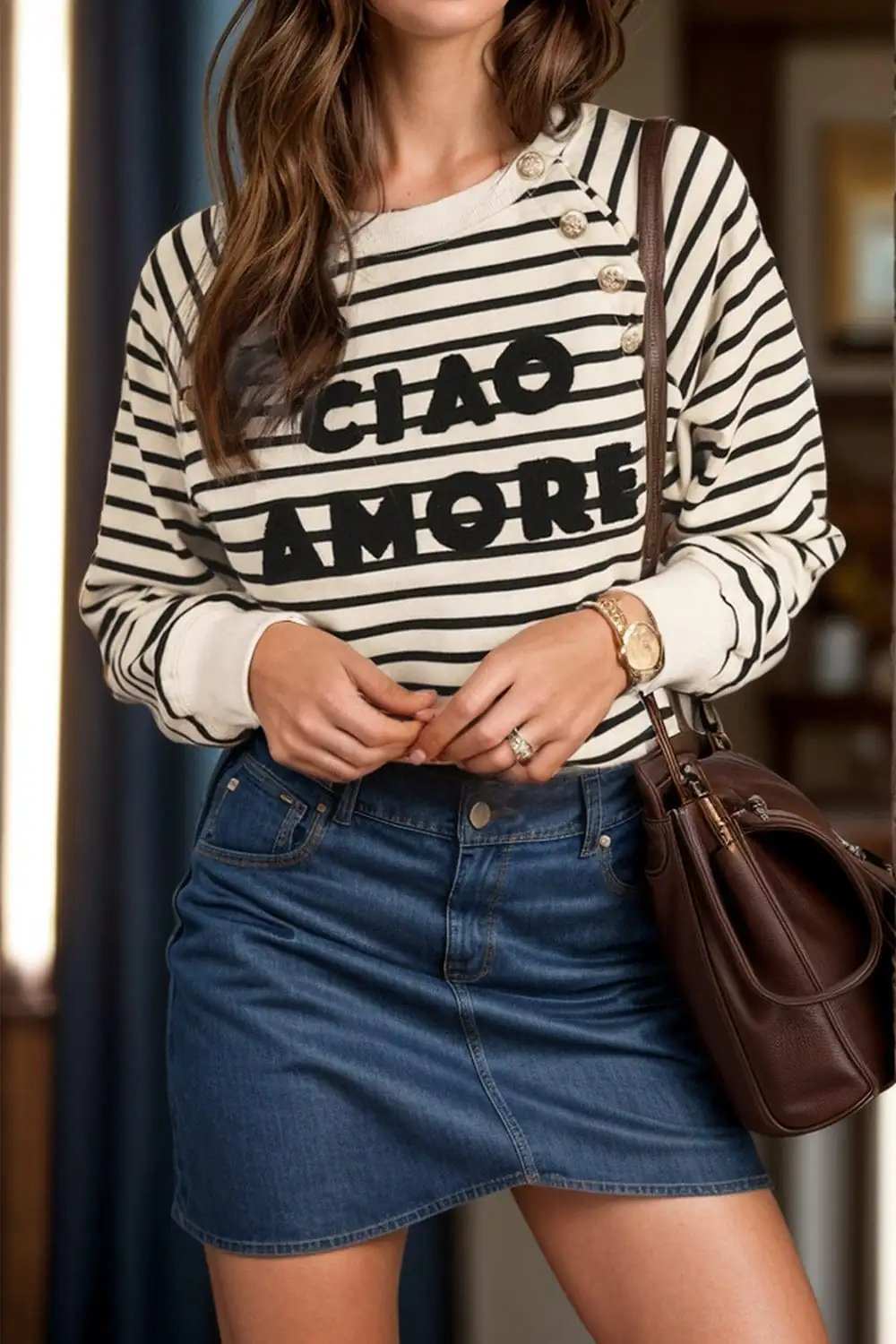 Decorative Button Striped Long Sleeve Sweatshirt - Trendsi - Flyclothing LLC