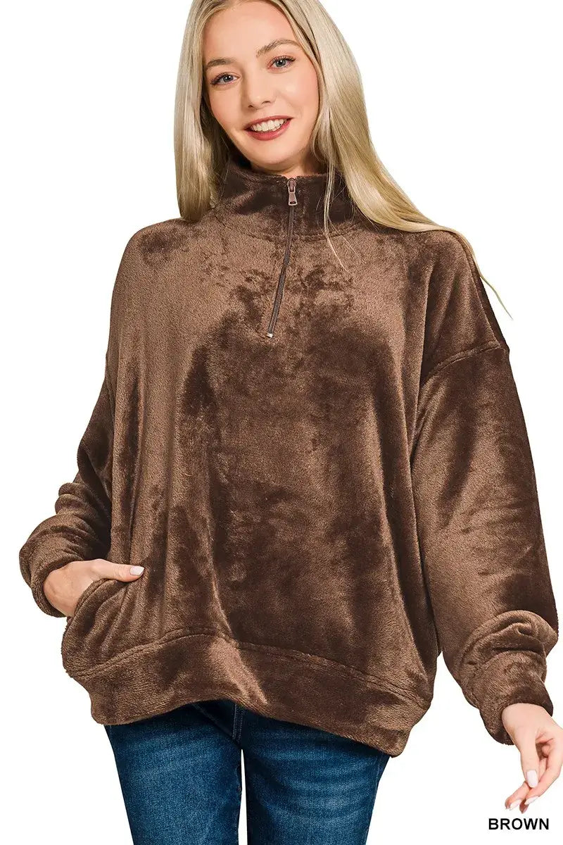 Zenana Faux Fur Half Zip Pocket Pullover - Trendsi - Flyclothing LLC