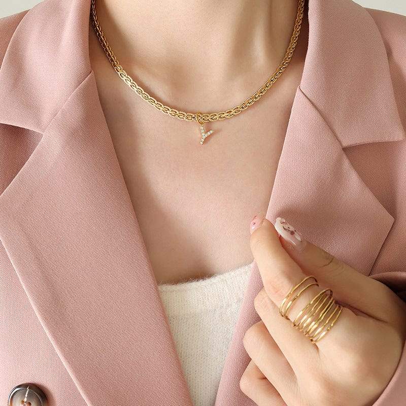 Brass Inlaid Zircon Letter Pendant Necklace - Trendsi - Flyclothing LLC