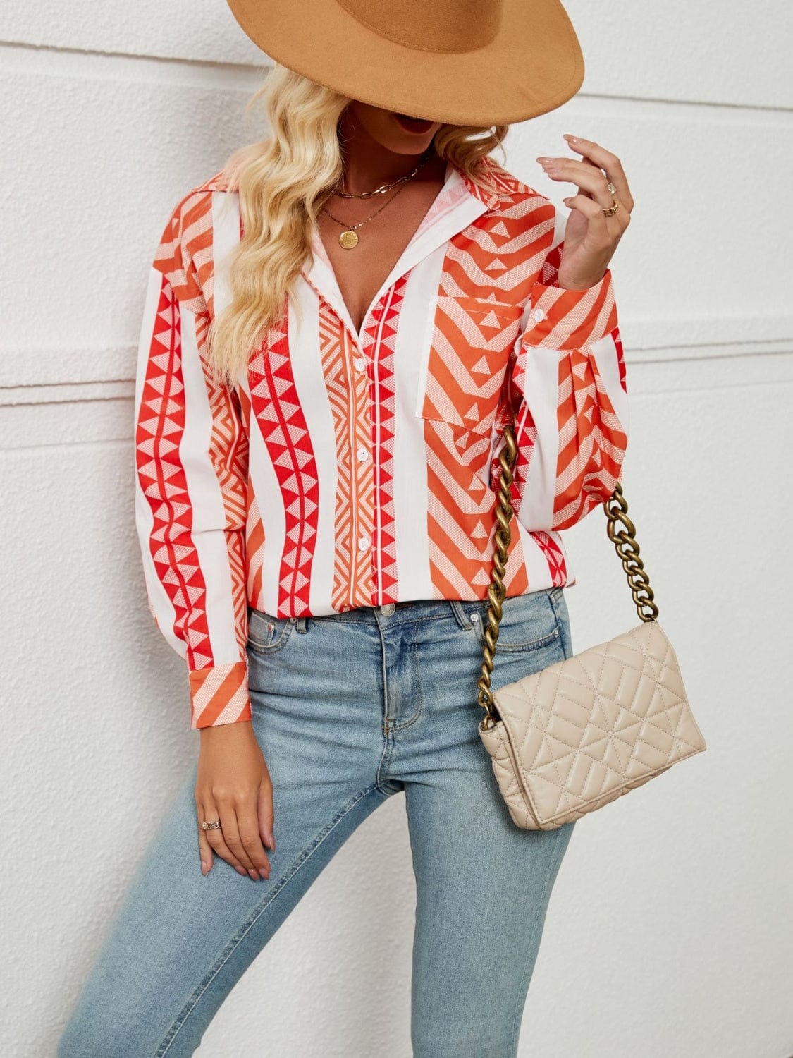 Geometric Collared Neck Long Sleeve Shirt - Trendsi