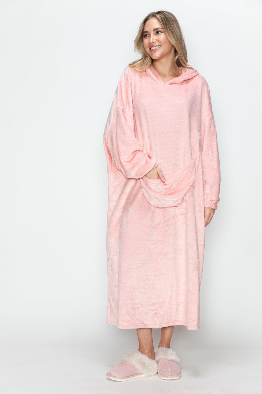 Double Take Full Size Pocketed Hooded Midi Lounge Dress - Trendsi