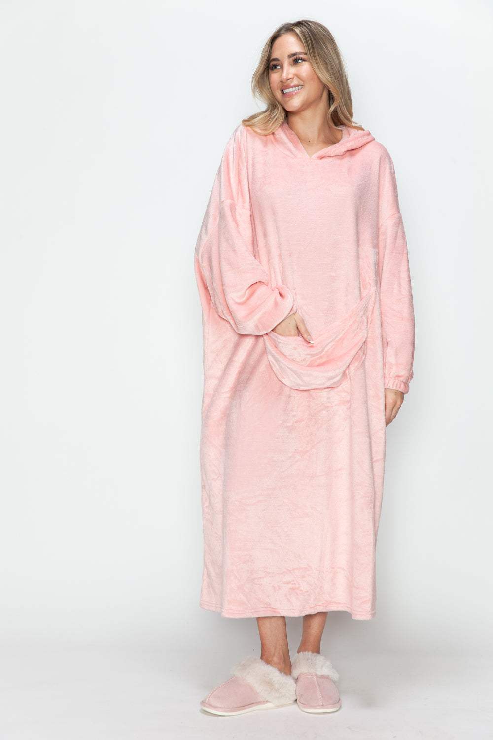 Double Take Full Size Pocketed Hooded Midi Lounge Dress - Trendsi - Flyclothing LLC