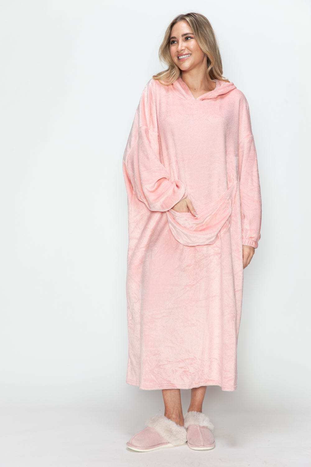 Double Take Full Size Pocketed Hooded Midi Lounge Dress - Trendsi - Flyclothing LLC