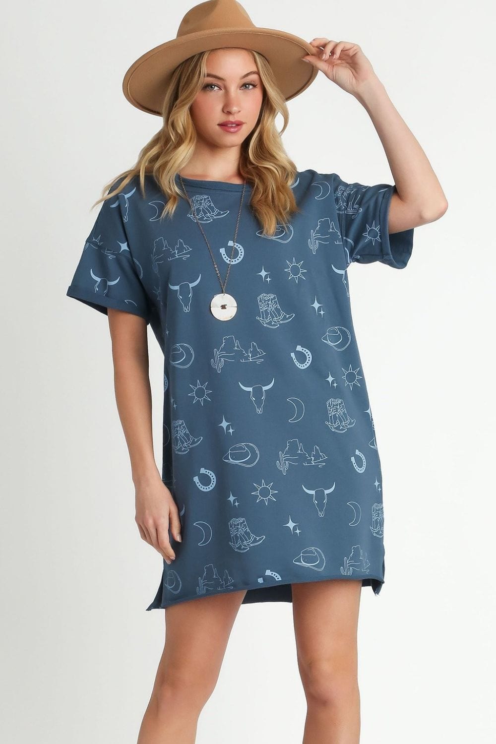 Umgee Full Size French Terry Short Sleeve Round Neck Dress Plus Size - Trendsi