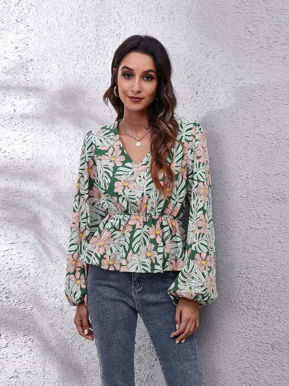 Ruched Printed V-Neck Long Sleeve Blouse - Trendsi - Flyclothing LLC