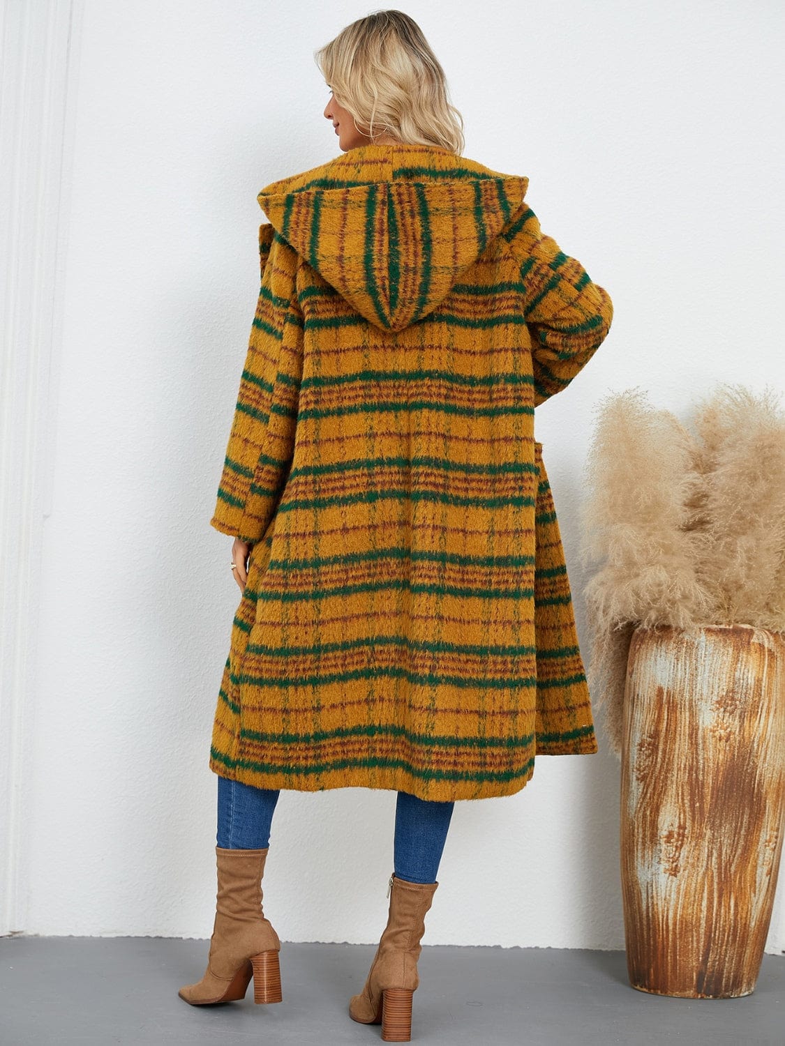 Plaid Long Sleeve Hooded Coat with Pockets - Trendsi