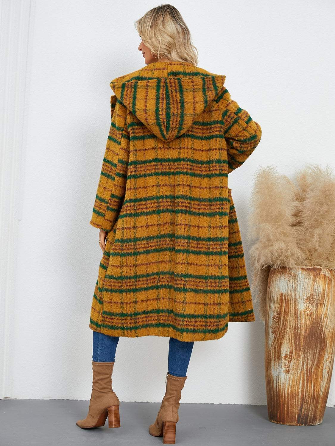 Plaid Long Sleeve Hooded Coat with Pockets - Trendsi - Flyclothing LLC