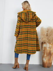 Plaid Long Sleeve Hooded Coat with Pockets - Trendsi