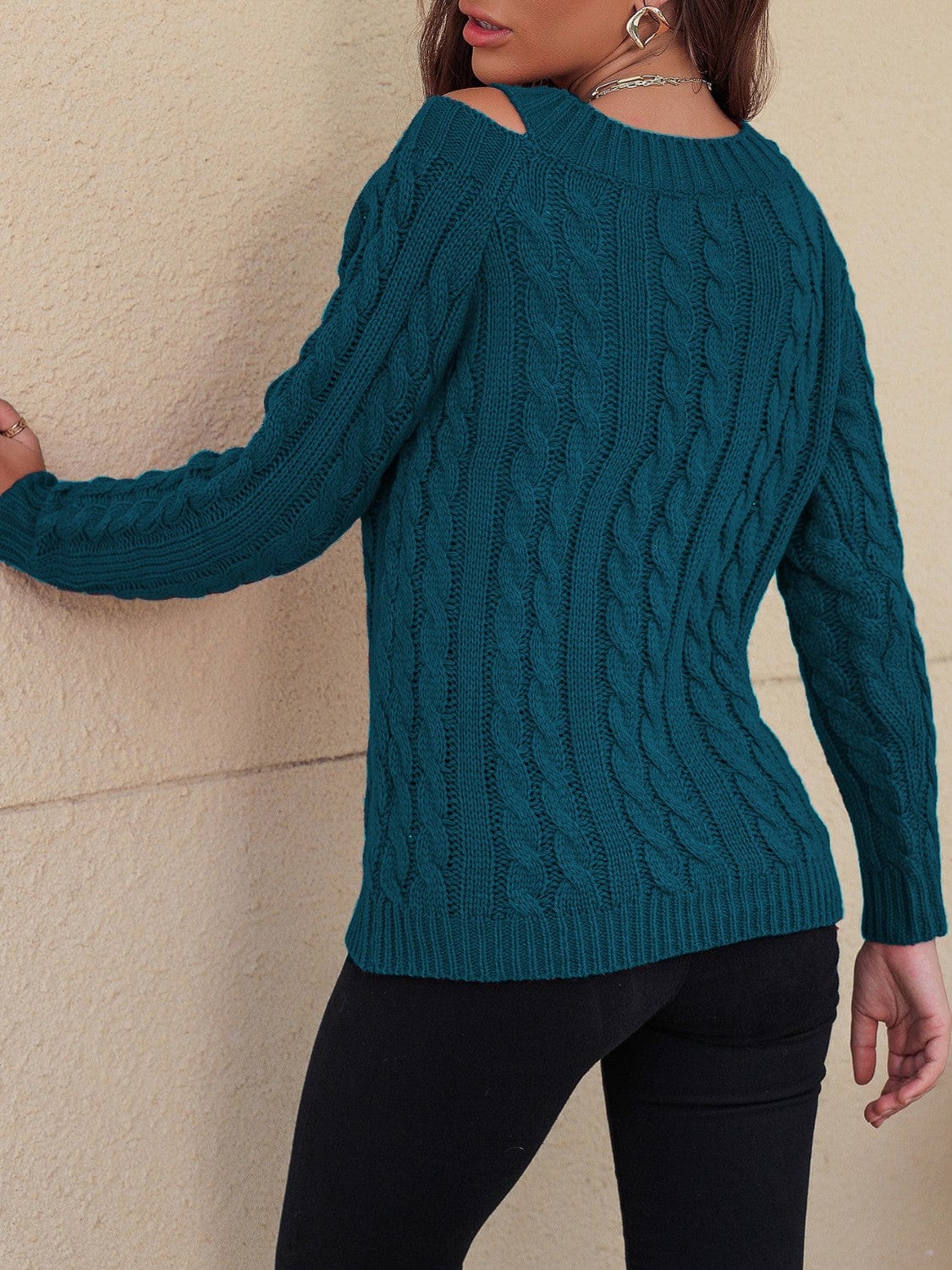 Honey Cable-Knit V-Neck Cold Shoulder Sweater - Trendsi