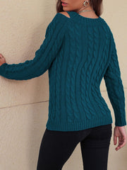 Honey Cable-Knit V-Neck Cold Shoulder Sweater - Trendsi
