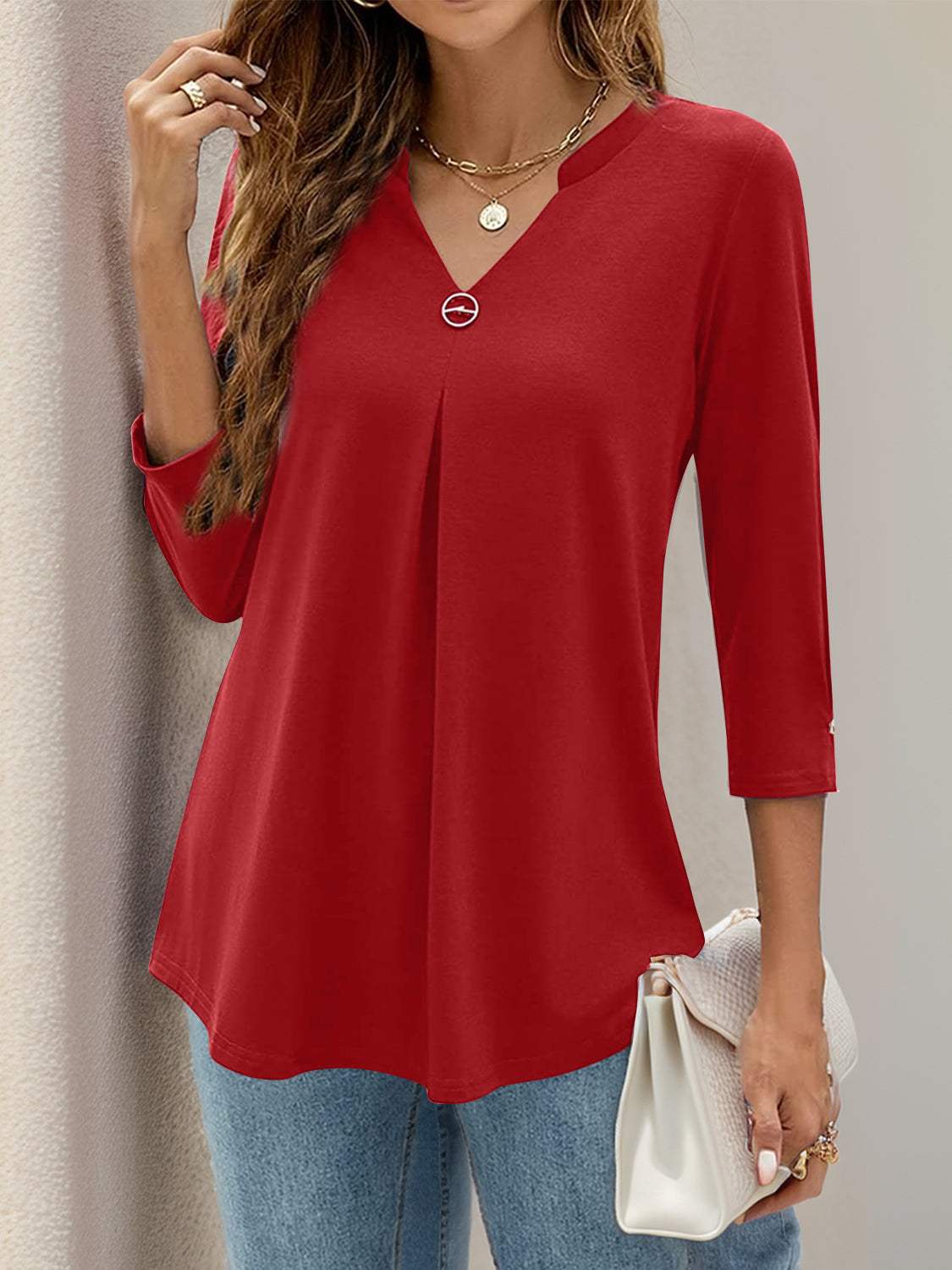 Notched Three-Quarter Sleeve T-Shirt - Trendsi - Flyclothing LLC