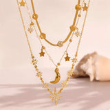 18K Gold-Plated Stainless Steel Zircon Star Moon Necklace - Trendsi - Flyclothing LLC