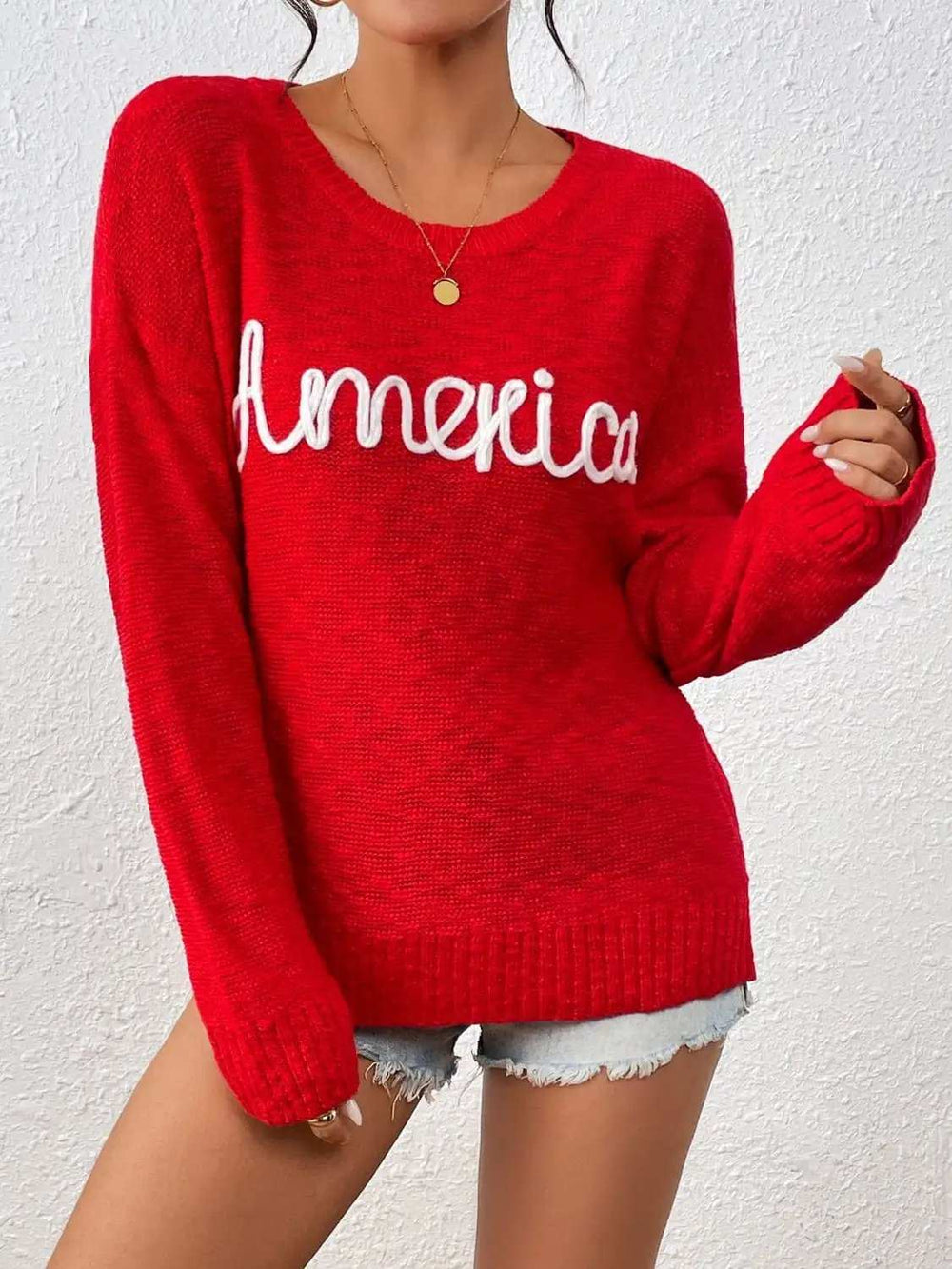 Letter Round Neck Long Sleeve Sweater - Trendsi - Flyclothing LLC