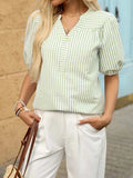 Striped Notched Puff Sleeve Blouse - Trendsi - Flyclothing LLC