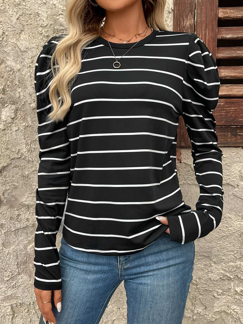 Full Size Striped Round Neck Puff Sleeve T-Shirt - Trendsi - Flyclothing LLC