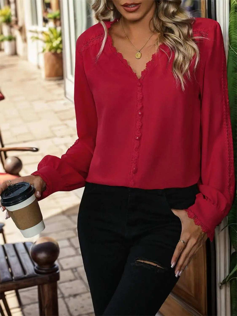 Lace Detail V-Neck Long Sleeve Blouse - Trendsi - Flyclothing LLC