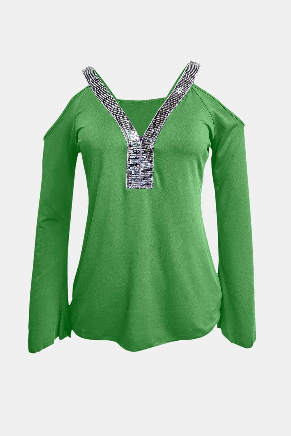 Sequin V-Neck Cold Shoulder Top - Trendsi - Flyclothing LLC