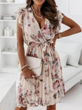 Floral Surplice Ruffled Cap Sleeve Dress - Trendsi