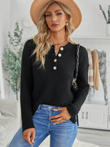 Button Detail Long Sleeve Knit Top - Trendsi - Flyclothing LLC