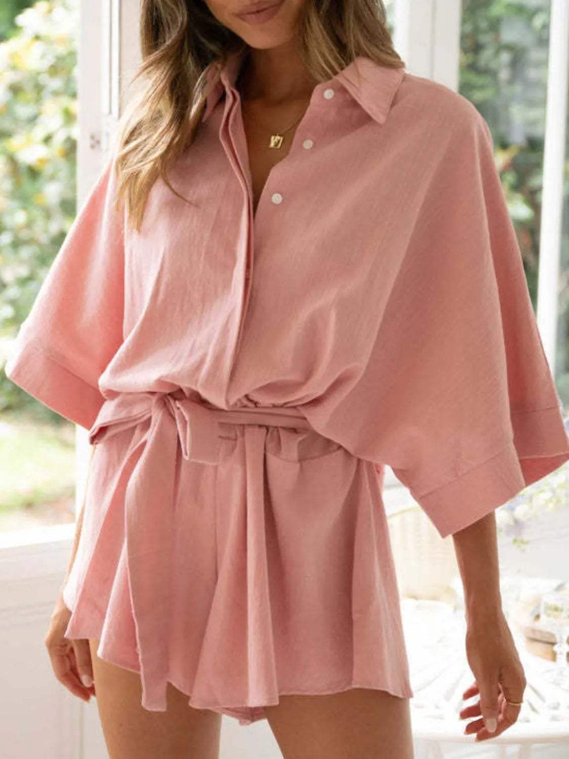 Collared Neck Half Sleeve Romper - Trendsi - Flyclothing LLC
