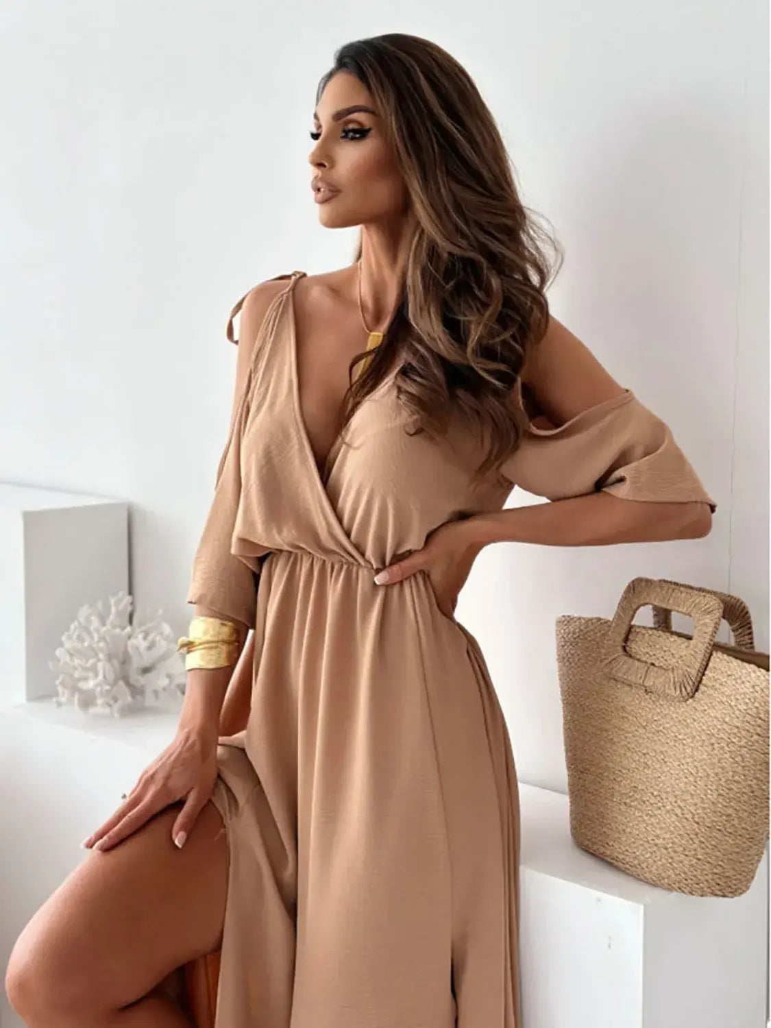 Tied Shoulder Slit Maxi Dress - Trendsi - Flyclothing LLC