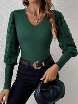 Swiss Dot V-Neck Long Sleeve Top - Trendsi - Flyclothing LLC