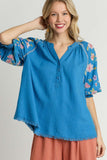 Umgee Full Size Half Button Top with Embroidery Sleeves Plus Size - Trendsi