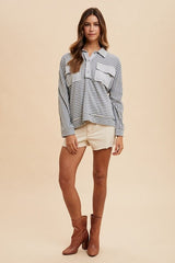 Annie Wear Striped Button Detail Long Sleeve Polo Top - Trendsi